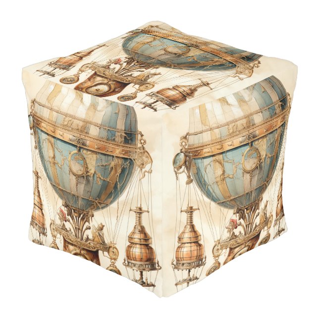 Vintage Steampunk Blue Hot Air Balloon (3) Pouf (Angled Front)