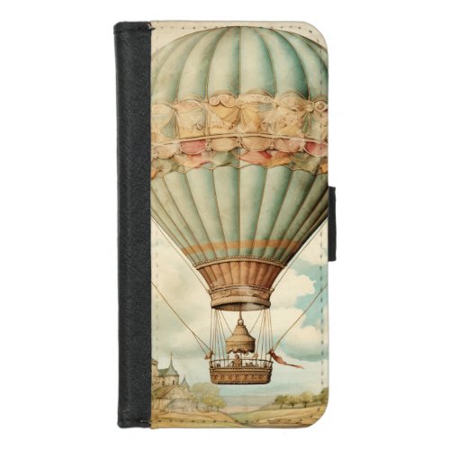 Vintage Steampunk Blue Hot Air Balloon iPhone 87 Wallet Case