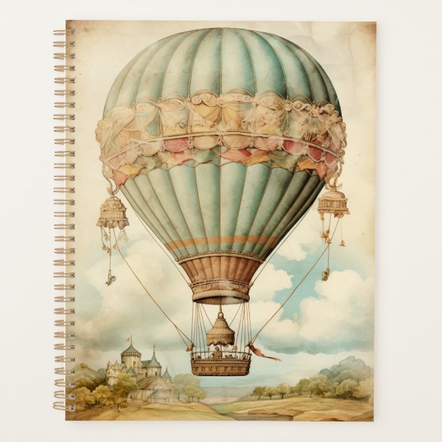 Vintage Steampunk Blue Hot Air Balloon Planner (Front)