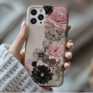 Vintage Steampunk Boho Pink & Black Floral iPhone 16 Pro Max Case