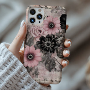 Vintage Steampunk Boho Pink & Black Floral iPhone 16 Pro Max Case