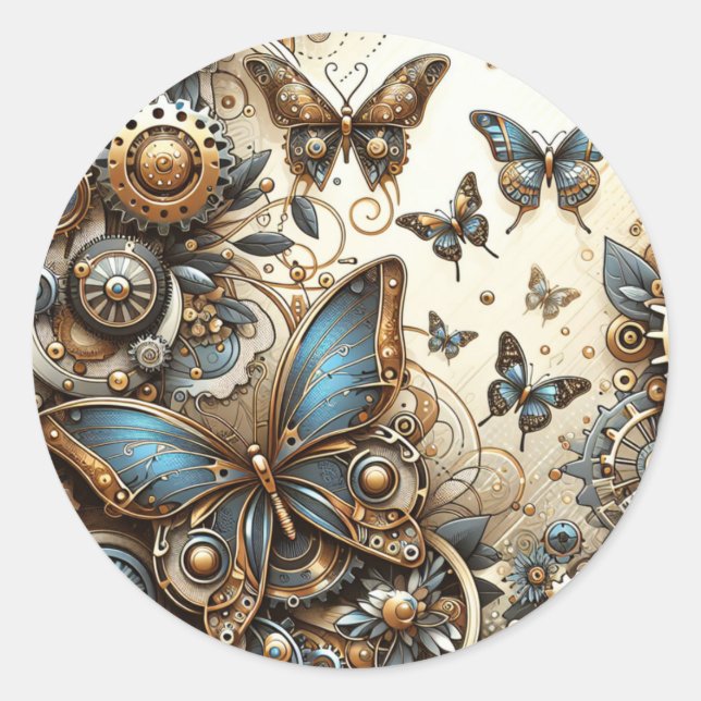 Vintage Steampunk Butterflies  Classic Round Sticker (Front)