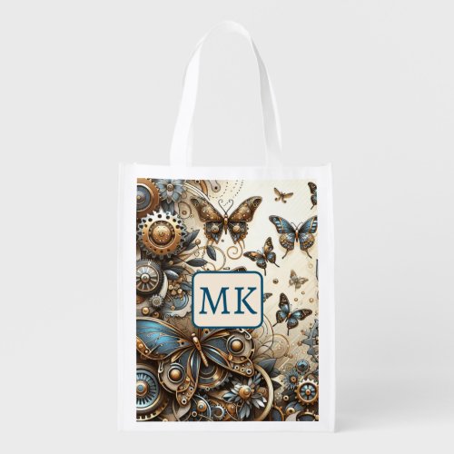 Vintage Steampunk Butterflies Monogrammed Grocery Bag