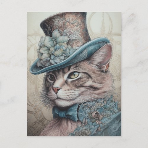 Vintage Steampunk Cat in Blue Suit Postcard