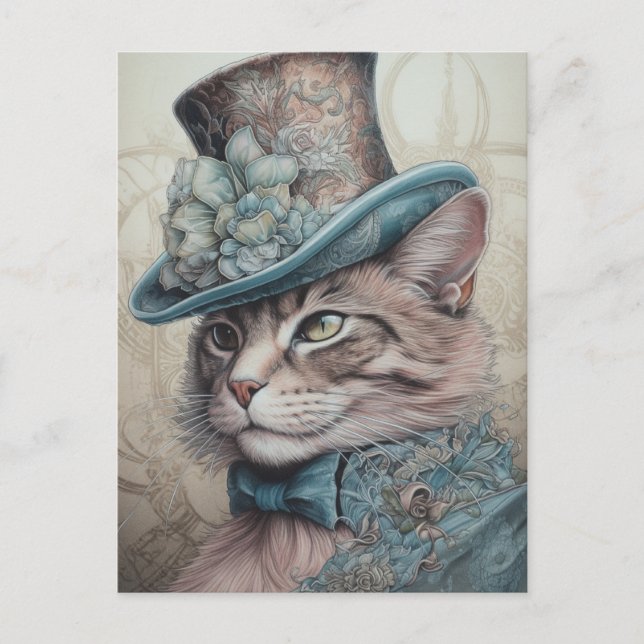 Vintage Steampunk Cat in Blue Suit Postcard (Front)