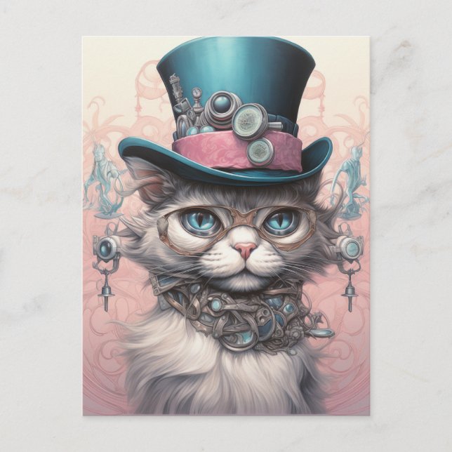 Vintage Steampunk Cat in Blue Tophat Postcard (Front)