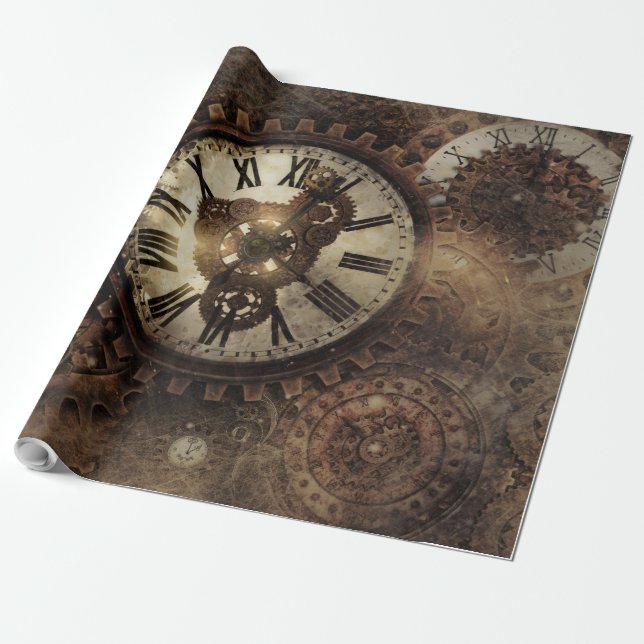 Vintage Steampunk Clocks Wrapping Paper (Unrolled)