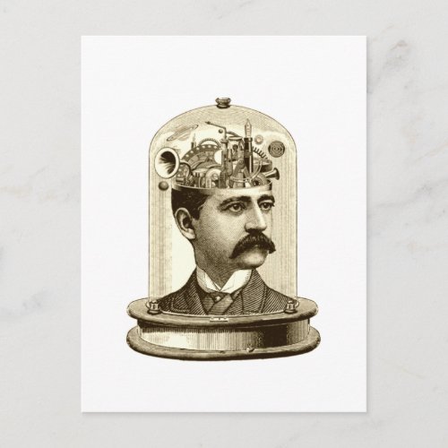 Vintage steampunk clockwork brain moustache  man postcard