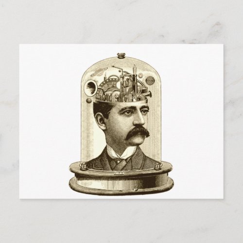 Vintage steampunk clockwork brain moustache  man postcard