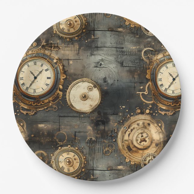 Vintage Steampunk Clockwork Gears Bronze Black Paper Plates (Front)