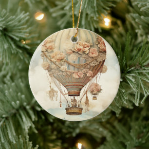 Vintage Steampunk Floral Blue Hot Air Balloon (2) Ceramic Ornament