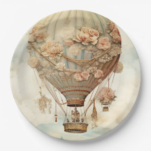 Vintage Steampunk Floral Blue Hot Air Balloon (2) Paper Plates