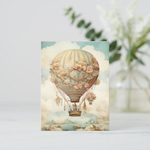 Vintage Steampunk Floral Blue Hot Air Balloon (2) Postcard