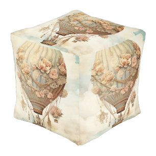 Vintage Steampunk Floral Blue Hot Air Balloon (2) Pouf