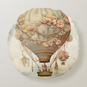 Vintage Steampunk Floral Blue Hot Air Balloon (2) Round Pillow