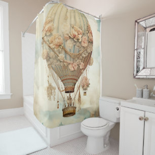 Vintage Steampunk Floral Blue Hot Air Balloon (2) Shower Curtain