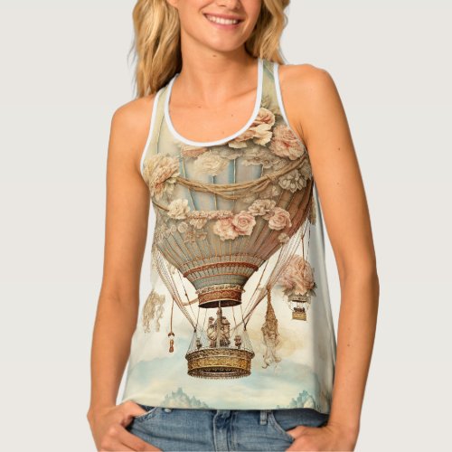 Vintage Steampunk Floral Blue Hot Air Balloon 2 Tank Top