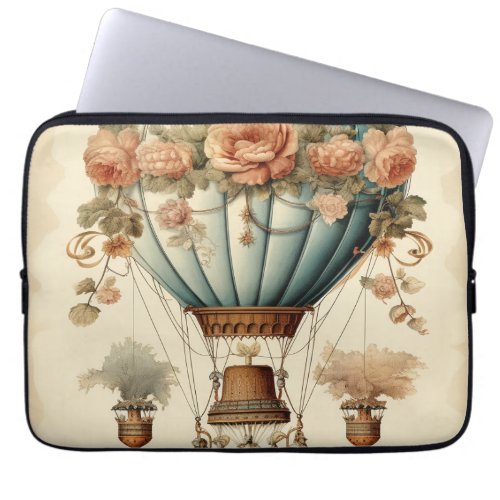 Vintage Steampunk Floral Blue Hot Air Balloon  Laptop Sleeve