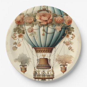 Vintage Steampunk Floral Blue Hot Air Balloon  Paper Plates