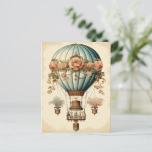 Vintage Steampunk Floral Blue Hot Air Balloon Postcard