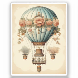 Vintage Steampunk Floral Blue Hot Air Balloon  Sticker