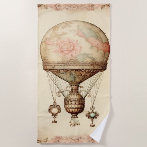 Vintage Steampunk Floral Hot Air Balloon Beach Towel