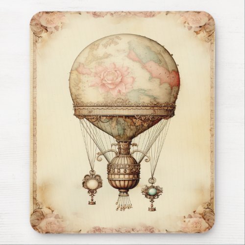 Vintage Steampunk Floral Hot Air Balloon Mouse Pad