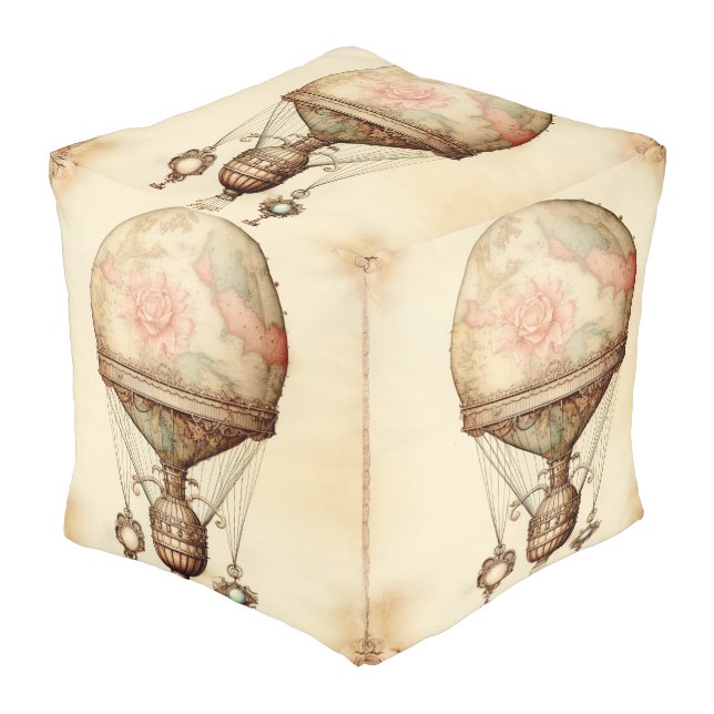 Vintage Steampunk Floral Hot Air Balloon Pouf (Angled Front)