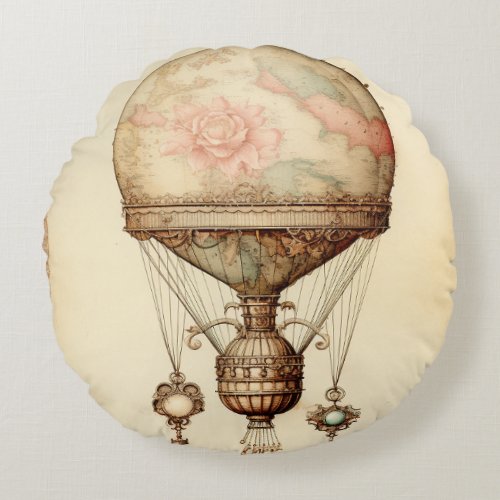 Vintage Steampunk Floral Hot Air Balloon Round Pillow