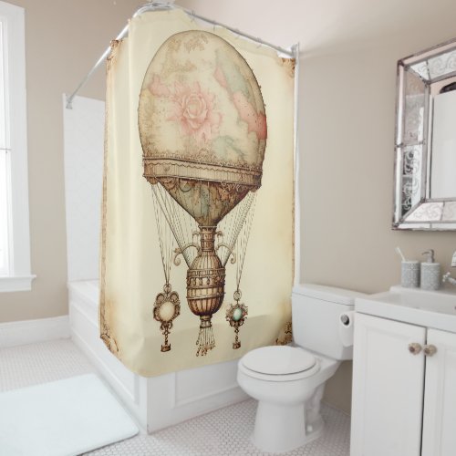 Vintage Steampunk Floral Hot Air Balloon Shower Curtain