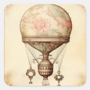 Vintage Steampunk Floral Hot Air Balloon Square Sticker