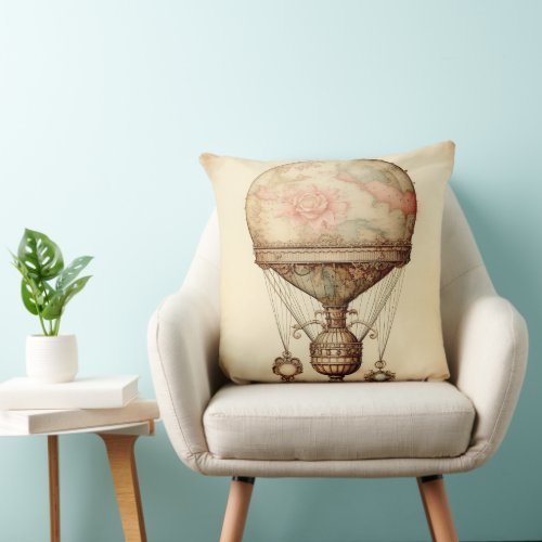 Vintage Steampunk Floral Hot Air Balloon Throw Pillow