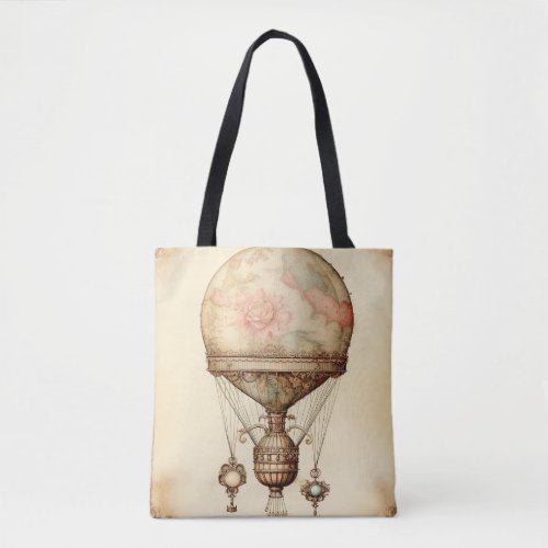 Vintage Steampunk Floral Hot Air Balloon Tote Bag