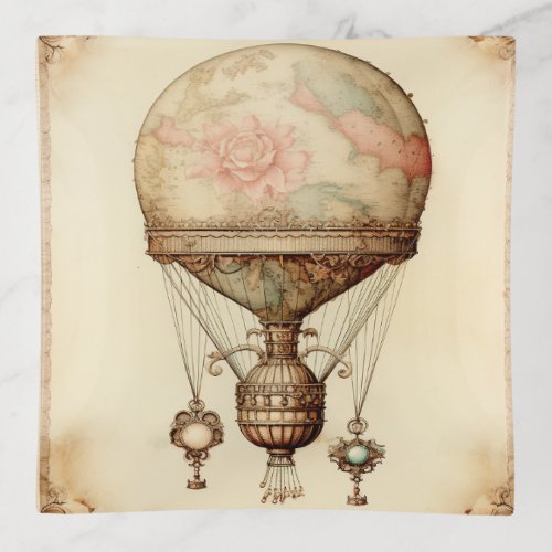 Vintage Steampunk Floral Hot Air Balloon Trinket Tray