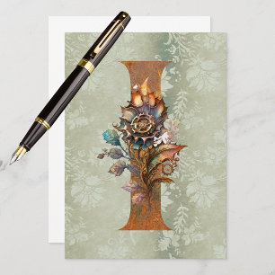 Vintage Steampunk Floral Letter I Note Cards