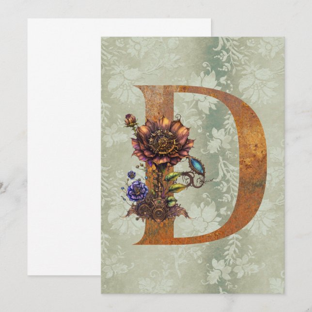 Vintage Steampunk Floral Letter M Note Cards (Front/Back)