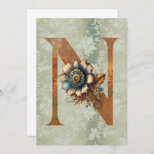 Vintage Steampunk Floral Letter N Note Cards