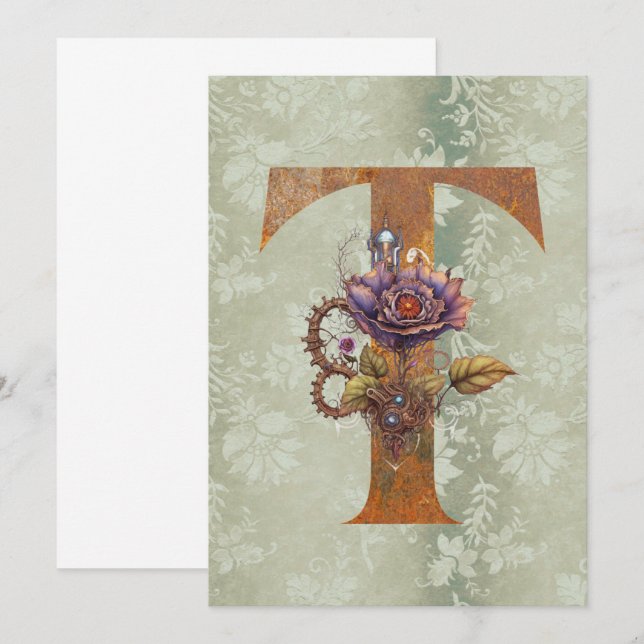 Vintage Steampunk Floral Letter T Note Cards (Front/Back)