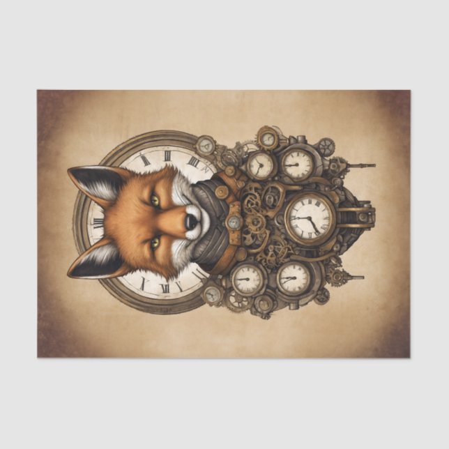 Vintage Steampunk Fox with Clocks Tissue Paper (Front)