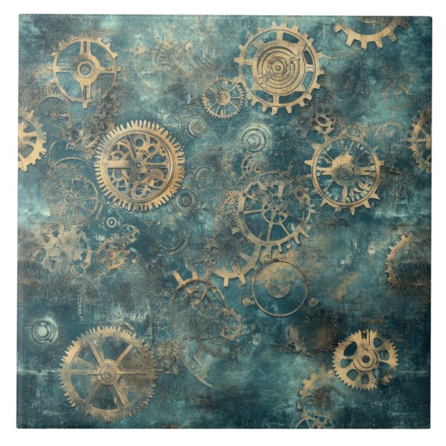 Vintage Steampunk Gears & Clockwork Ceramic Tile (Front)