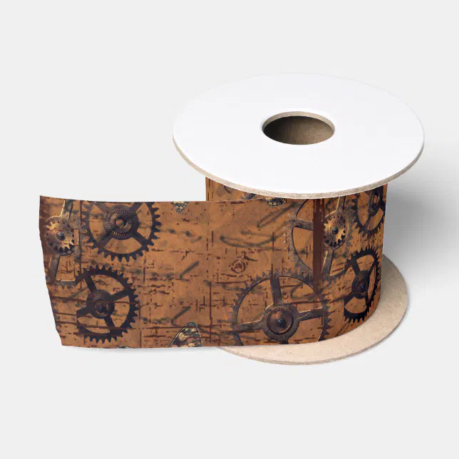 Steampunk Ribbon Vintage Steampunk Gears Wallpaper Satin Ribbon | Zazzle