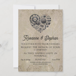 Vintage Steampunk Heart of Gears Wedding Invitation