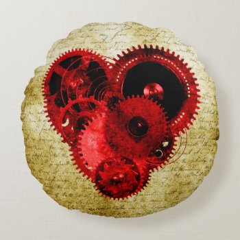 Vintage Steampunk Heart Round Pillow by poppycock_cheapskate at Zazzle