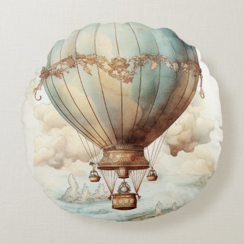 Vintage Steampunk Hot Air Balloon 2 Round Pillow