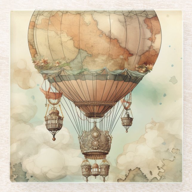 Vintage Steampunk Hot Air Balloon (5) Glass Coaster (Front)