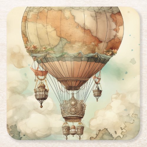 Vintage Steampunk Hot Air Balloon 5 Square Paper Coaster