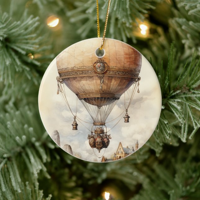 Vintage Steampunk Hot Air Balloon Ceramic Ornament (Tree)