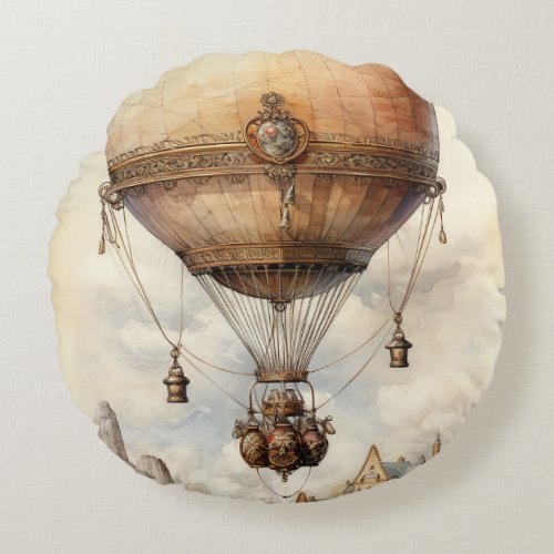 Vintage Steampunk Hot Air Balloon Round Pillow