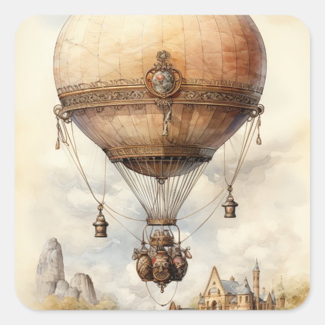 Vintage Steampunk Hot Air Balloon Square Sticker (Front)