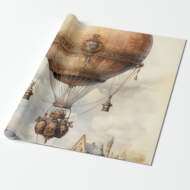 Vintage Steampunk Hot Air Balloon Wrapping Paper (Unrolled)